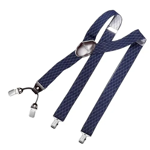 DonDon Hosenträger Herren extra stark Raute blau 3,5 cm Hosenträger Herren breit mit brauem Leder in Y-Form lang - Starke Clips passend für Anzug Jeans Chinos Vintage Rockabilly Suspenders