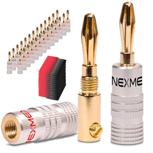 NEXMEX Bananenstecker mit Schrumpfschlauch - 28 Stück Stecker als Set - Steckverbinder 24K vergoldet für Lautsprecherkabel - für HiFi Receiver Verstärker