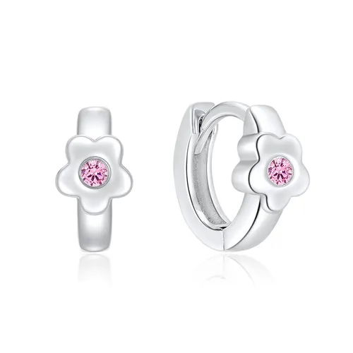 Mädchen Klapp Creolen Ohrringe Blume 925 Sterling Silber Zirkonia rosa - Hochwertige Ohrringe aus 925 Sterling Silber mit glänzender Polierung, ideal für besondere Anlässe wie Geburtstage. Verziert mit rosa Zirkonia und im beliebten Blumen-Design.