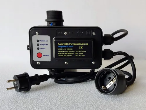 Pumpensteuerung megafixx PC16-P mit Trockenlaufschutz - Pumpenzubehör für sauberes Wasser, bis 10 BAR Druck, ideal für effiziente Pumpensteuerung und sicheren Betrieb.