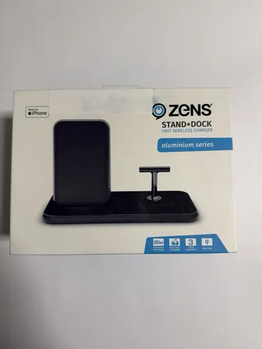 Zens Aluminium Dual Wireless Charger + Dock (20 W) - Kabelloses Qi-Ladegerät mit 20 W Leistung, ideal für gleichzeitiges Laden von zwei Geräten, elegant im Aluminium-Design.