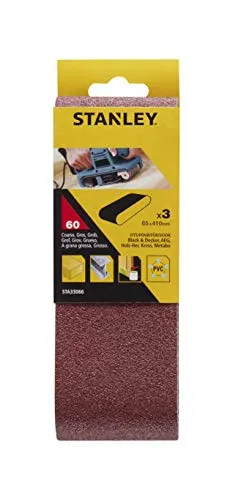 Stanley Schleifband für Bandschleifer (65 x 410 mm, extra grobe Körnung K60, passend für Black+Decker Bandschleifer DN83, DN83E, BS650, BD83, BD83E, KA83, 3 Stück) STA33066