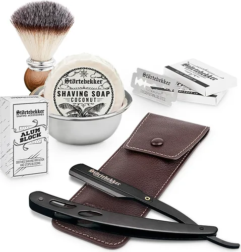 Rasierset - Rasiermesser Schwarz mit Lederetui und Kokos - Entdecke das hochwertige Rasierset für traditionelle Rasur! Inklusive präzisem Rasiermesser, ergonomischem Griff und luxuriösem Zubehör für ein unvergleichliches Rasurerlebnis.