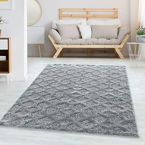 Carpettex Hochflor Teppich 200x300 cm - 3D Optik Hoch-Tief Effekt Geometrisches Design Grau - Flauschiger Wohnzimmer Schlafzimmer 200x290 cm Skandinavischer Stil Weicher Küchenteppich