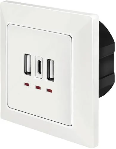 LOGILINK PA0254 - Unterputznetzteil mit 3 USB-Anschlüssen - Diverse Unterputzeinsätze: Laden Sie bis zu 3 Geräte gleichzeitig über USB-A und USB-C, ideal für Hotels, Büros und Zuhause. Einfache Montage und LEDs zur Aktivitätsanzeige.