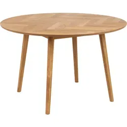 Nagano Esstisch Ø120cm - Elegantes Fischgrät-Eichendekor - Esstisch aus massiver Eiche mit geölter Oberfläche und Fischgrätmuster. Bietet Platz für 4 Personen und vereint skandinavisches Design mit Funktionalität.