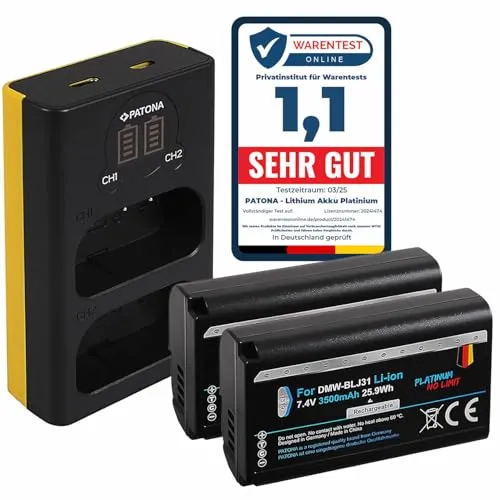 PATONA Platinum DMW-BLJ31 Akkus (2X 3500mAh) - Dual LCD Ladegerät 1882 (Eingang Micro-USB und USB-C) - kompatibel mit Panasonic Lumix DC-S1 DC-S1R DC-S1H