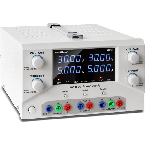 PEAKTECH 6193 Labornetzgerät 0-30V 0-5A 150W - Leistungsstarkes 2-Kanal Labornetzgerät mit linearer Regelung für präzise Energieversorgung. Ideal für Elektronikprojekte und Ausbildung, bietet stabile Spannungs- und Stromkontrolle.