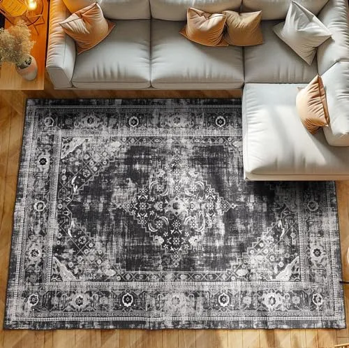 Kurzflor Teppich Wohnzimmer Schlafzimmer Läufer Flur Waschbarer Teppich Weich Vintage Stil, Wohnzimmerteppich, Farbe: Schwarz, Größe: 80 x 150 cm