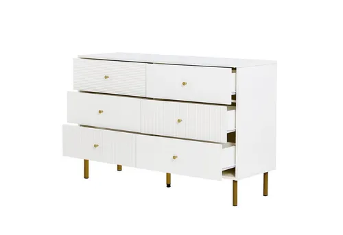 Sofucor Sideboard mit 6 Schubladen und goldenen Metallbeinen - Moderne Kommode in Weiß mit Rillenoptik, 120x40x78 cm. Bietet viel Stauraum und ist ideal für Schlafzimmer, Wohnzimmer oder Flur. Stabil und pflegeleicht, perfekt für jeden Raum.