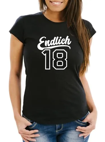 MoonWorks® Damen T- Shirt Geburtstag Endlich 18 Geschenk für Frauen Mädchen zur Volljährigkeit Schwarz XS