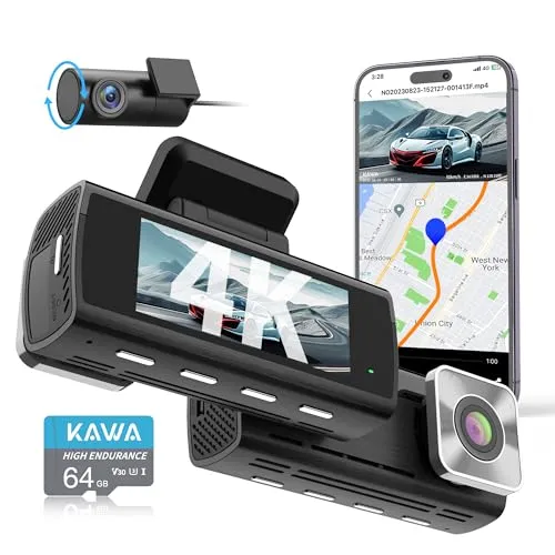 KAWA 4K Dashcam Auto Vorne Hinten,AI-ISP Echtfarben-Nachtsicht, 4K+1080P WiFi Dual Dashcam, Inklusive 64GB SD-Karte, mit GPS, 3.16'' IPS Bildschirm, Loop-Aufnahme, Notaufnahme, 24Std. Park Modus,D10