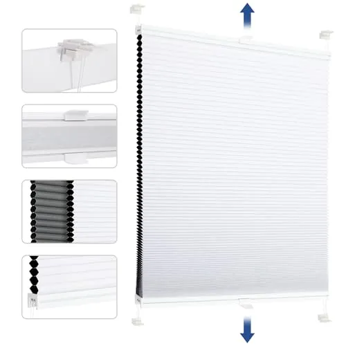 Sekey Wabenplissee Ohne Bohren Verdunkelung Rollo 100% verdunkelnd Blickdicht, Klemmfix, Aluminiumschiene, ZWeißeitig wählbar in Weiß & Grau 40x120cm (BxH)