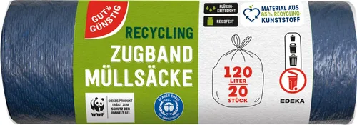 GUT&GÜNSTIG Müllbeutel 120,0 l blau - 20 Stück - Müllsäcke, 120,0 l, flüssigkeitsdicht und reißfest, ideal für hohe Abfallmengen und umweltfreundlich dank Recyclingmaterial.