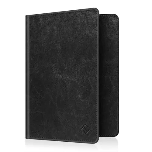 FINTIE Reisepass Impfpass Schutzhülle - Premium Kunstleder Reisepasshülle Travel Organizer mit RFID-Blockier für Kreditkarten, Ausweis, Reisedokumente Damen Herren, Vintage Schwarz