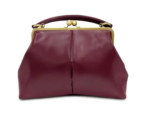 Taschenkinder Damen Lederhandtasche mit Bügelverschluss – Vintage Bügeltasche aus Echtleder, Modell Große Olive als Henkel- und Schultertasche (Dunkelrot)