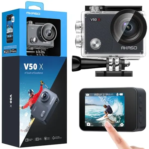 AKASO V50X Action Cam 4K 30FPS - Actionkamera mit 4K Videoauflösung, 20MP Fotos und EIS für stabile Aufnahmen. Ideal für Sport und Unterwasseraufnahmen bis 40m, inklusive Fernbedienung und umfangreichem Zubehör.