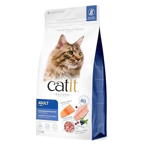 Catit Recipes - Premium Trockenfutter für Katzen - mit Geflügelfleisch und Meeresfisch, für ausgewachsene Katzen, Alleinfuttermittel, 2kg, hilft unangenehmen Stuhlgeruch zu reduzieren