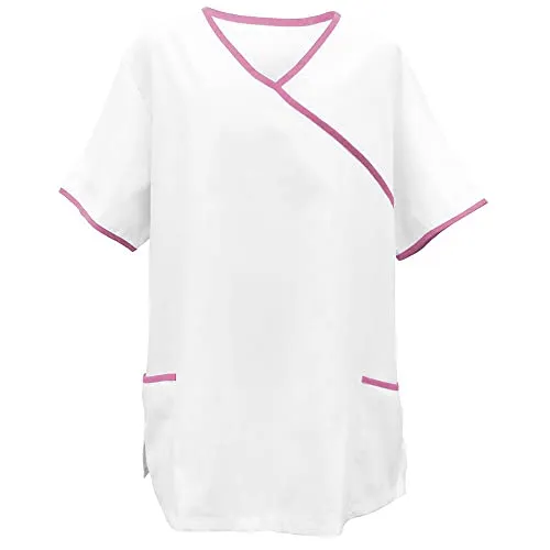 EXNER Medizinischer Schlupf-Kasack, OP-Kasack, für Damen und Herren in Krankenpflege, Altenpflege, mit Paspelierung, Farbe weiß, Paspel hot pink, Größe 5XL