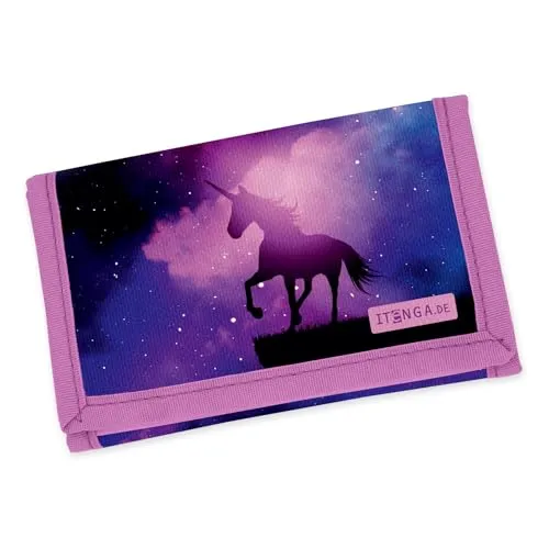 itenga Kinder Geldbörse - Geldbeutel und Brustbeutel - mit Klettverschluss, Kordelband, Geldscheinfach und Münzfach Sichtfenster für Mädchen und Jungen (Motiv magisches Einhorn)