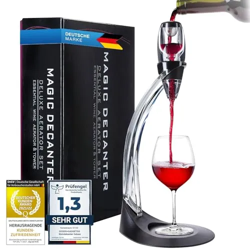 Weinbelüfter Deluxe - Magic Decanter mit Ständer - Weindekanter für intensiveren Weingenuss, belüftet Wein blitzschnell und filtert Schwebstoffe. Perfekt als Geschenk für Weinliebhaber!