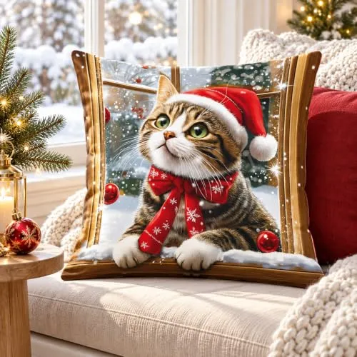 KAMACA Weihnachtskissen 40x40 cm Katze am Fenster mit Füllung Winter Deko | Gefülltes Weihnachtskissen mit Katze am Fenster, 40 x 40 cm, abnehmbarer Bezug, Reißverschluss und waschbar bei 30 °C