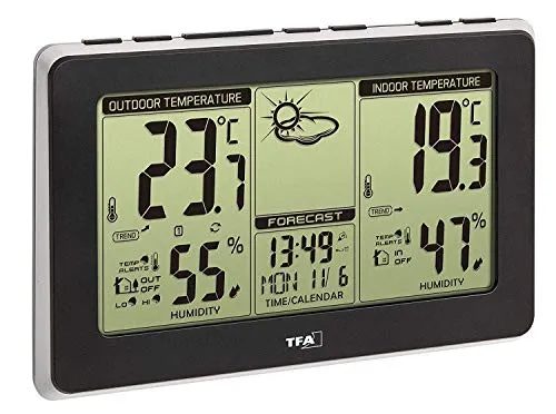 TFA Dostmann MONDO Wetterstation, 35.1151.01, wetterstation funk mit außensensor, Funkuhr, Wettervorhersage, schwarz, L 214 x B 27 (61) x H 140 mm, mit Batterien