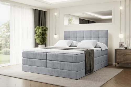 ALTDECOR Boxspringbett MARCE KING - 180x200 cm - Hellgrau Samt - Bequemes Boxspringbett mit 2 Matratzen (H3 und H4) und Topper für erholsamen Schlaf. Mit praktischen Bettkästen für optimalen Stauraum und allergikerfreundlichen Materialien.