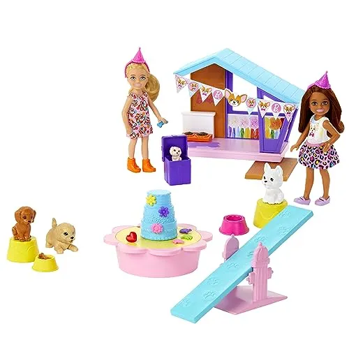 Barbie Chelsea Doggy Party Zwei Puppen mit Haustieren und Spielset mit Zubehör, Spielzeug + 3 Jahre (Mattel HJY88)