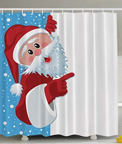 ABAKUHAUS Weihnachten Duschvorhang, Winter-Schnee-Saison Weihnachts, Stoffliches Gewebe Badezimmerdekorationsset mit Haken, 175 x 200 cm, Vermilion Blau Weiß