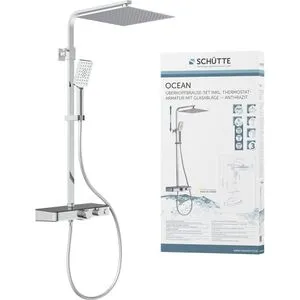 Schütte Duschsystem Ocean - Verchromt mit Armatur - Einbauduschköpfe mit 30x30 cm großer Regendusche, Thermostat für präzise Temperatureinstellung und bis zu 50% Wasserersparnis. Pflegeleichte Ablage aus Sicherheitsglas.