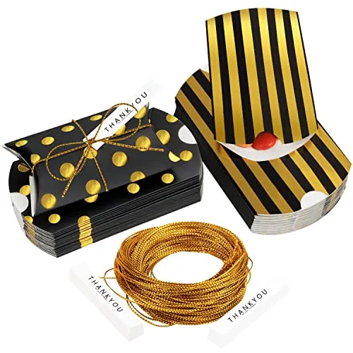 Belle Vous 50Stk Geschenkbox Klein Karton Box Set Gold & Schwarz mit Anhänger & Schnur - Vintage Verpackung für Geldgeschenke Punkte & Streifen – Party Geschenkbox Hochzeit, Geburtstag, Weihnachten