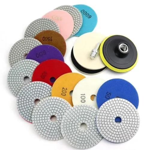 10,2 cm Diamant-Polierpads mit 5/8–11 Stützteller, 12 Stück Nass-/Trocken-Granit-Polierpad-Kit für Bohrer, Schleifer, Puffer, 50–6000 Körnung, Polierpad für Beton, Marmorstein
