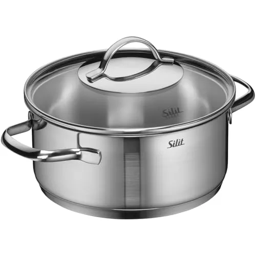 SILIT Edelstahl Bratentopf Achat Ø 20 cm mit Glasdeckel - Kochtopf für alle Herdarten, inklusive Induktion, mit 2,5 L Kapazität und hochwertiger Edelstahl-Oberfläche für effizientes Kochen.