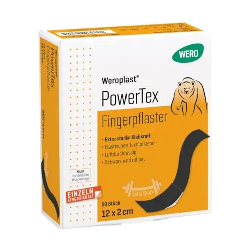 WERO Weroplast PowerTex Fingerpflaster – schwarzes Textilpflaster, extra starke Klebkraft, elastisch & luftdurchlässig – 12 x 2 cm – 50 Stück