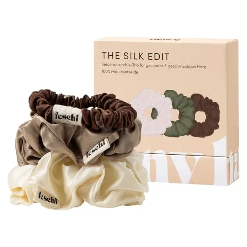 feschi Seiden Scrunchie Trio - Haargummi 3er Pack in 3 Farben - 100% Maulbeerseide - Haarschonende elastische Haarbänder für coole & stilbewusste Frauen - Hochwertige Hair Accessories