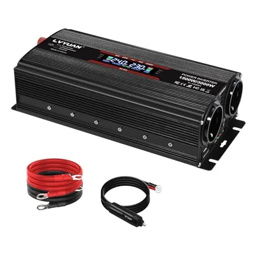 LVYUAN Spannungswandler 24V 230V 1500W/ 3000W Wechselrichter Stromwandler mit LCD Bildschirm, 2 EU Steckdose, Lüfter und 5V USB Anschlüsse inkl Kfz Zigarettenanzünder Stecker, Schwarz