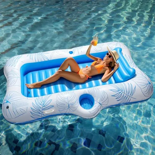 HeySplash Aufblasbar Pool Luftmatratze, Groß Pool Wasserhängematte Boot Erwachsene mit Becherhalter & Abnehmbar Kissen, Solarium Pool Loungesessel Float für See Fluss Sommer Wasser Party, Blaues Blatt