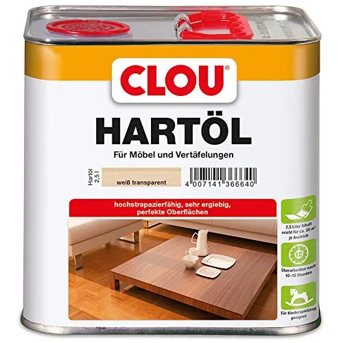 CLOU Hartöl für Massivholzpflege - weiß transparent, 2,50 L - OPTIMALE HOLZPFLEGE: Dieses spezielle Öl schützt stark beanspruchtes Massivholz wie Treppen und Möbel. Es bietet eine widerstandsfähige Schutzschicht und ist ideal für Innen- und Außenanwendungen.