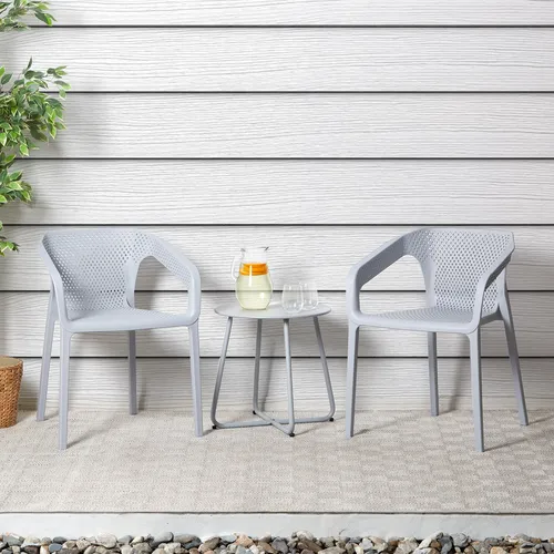 Homestyle4u Gartenstuhl 2er Set stapelbar grau mit Armlehnen - Essstühle aus robustem, wetterfestem Kunststoff für komfortables Sitzen im Freien. Ideal für Garten, Terrasse oder Balkon, platzsparend stapelbar und pflegeleicht.