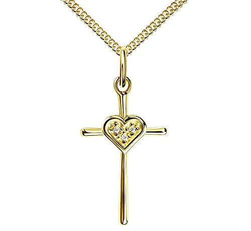 JEVELION Gold Anhänger-Kreuz Kreuz-Anhänger 333 Gold 8 Karat mit Herz + Zikonia Steine - Damenschmuck Mit Halskette - Kettenlänge 55 cm.