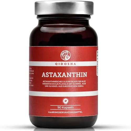 QIDOSHA® Hochdosiertes Astaxanthin aus Portugal, 90 Kapseln - Hochdosiertes Astaxanthin (8mg) aus portugiesischer Algenzucht, in hochwertigem Olivenöl gelöst. Vegan und nachhaltig verpackt in einem Apothekerglas – ideal für langfristige Einnahme.