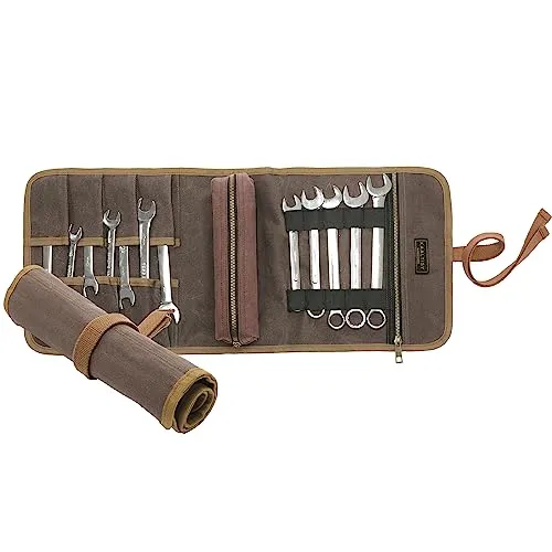 Werkzeugrolle | 16OZ Waxed Canvas Werkzeug Rolltasche, Mehrzweck-Schlüssel & Tool Ordnungstasche - 1 abnehmbare Werkzeugtasche & 7 Tool Slots & Canvas Tie Rope | Grey Werkzeugtasche Segeltuch