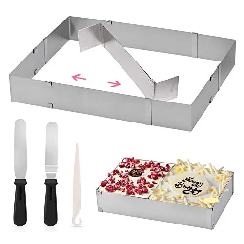 Backrahmen Rechteckig Verstellbar, Edelstahl Backform Rechteckig Tortenring mit Winkelpalette Spatel/Plastik Tortenmesser, Backring Eckig Form Backrahmen für Kuchen Torten Pizza Backen und Dekorieren