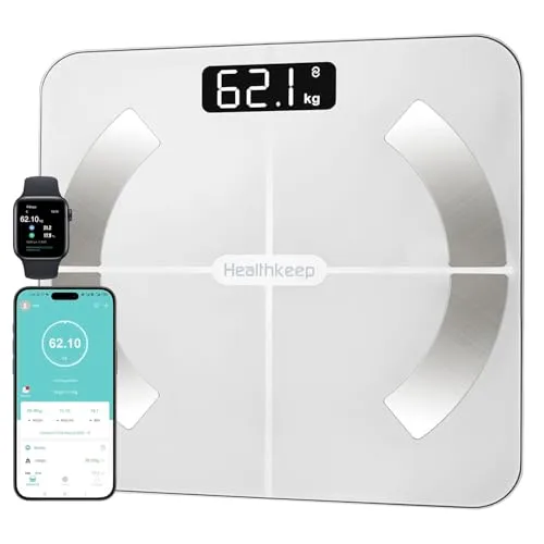 Healthkeep Körperfettwaage Digital, Personenwaage Testsieger, vernetzt, Bluetooth, Impedanzmesser, hohe Präzision mit 13 Körpermessungen, App, für Android & iOS, Kapazität 180 kg/400 lb, 28 x 28 cm