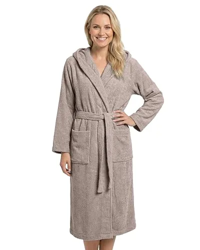 LAYNENBURG Damen Bademantel Frottee – 100% Baumwolle mit Kapuze und Taschen (M taupe)