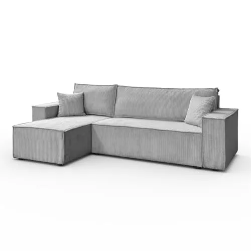 Lookway Ecksofa Carlos L mit Schlaffunktion & Bettkasten – L-Form Schlafsofa 130x200 cm, Universell Rechts/Links, Modernes Ecksofa mit Stauraum, Komfortable Polsterecke (Hellgrau - Poso 110)