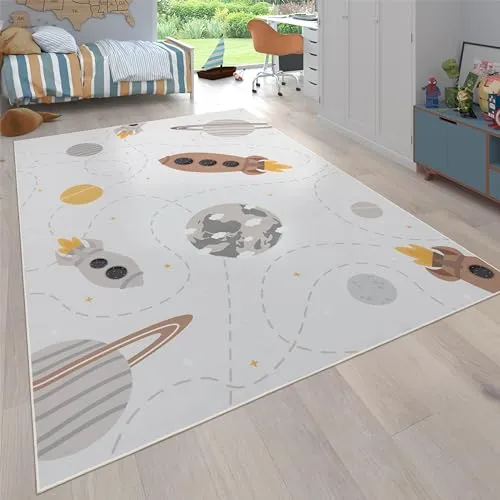 Paco Home Teppich Kinderzimmer Kinderteppich rutschfest Junge Mädchen Baby Spielteppich Rakete Planet Sterne Modern Waschbar Beige Braun Gelb, Grösse:200x290 cm
