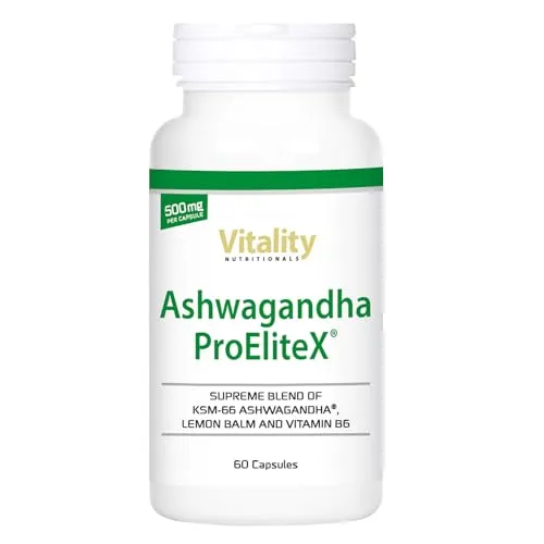 Ashwagandha Kapseln Hochdosiert & Vegan I Ashwagandha Komplex mit Vitamin B6 und Zitronenmelisse (60 Stk) ProEliteX Vitality Nutritionals by VitaminExpress