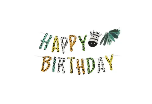 Free & Easy Girlande, Happy Birthday Girlande 180cm mit Tiermuster / Zebra Motiv Bunt
